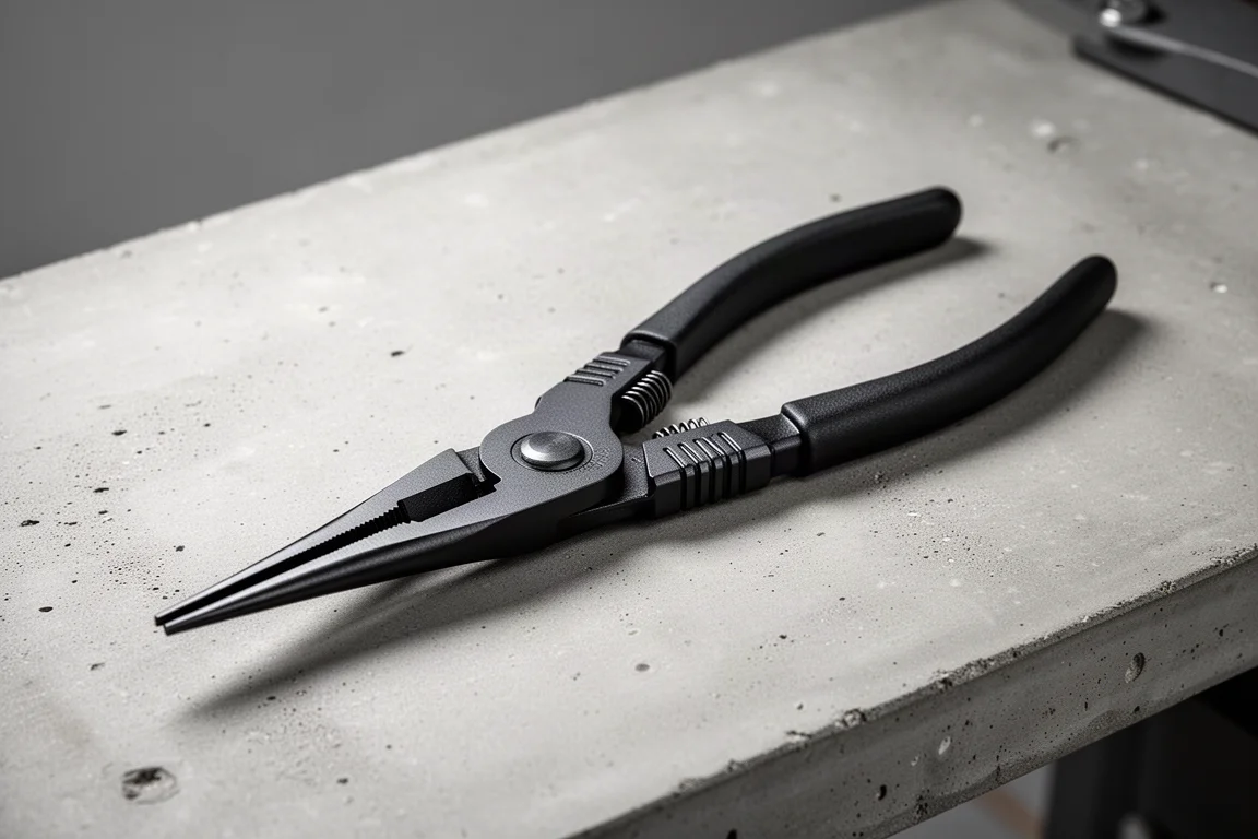 Large triple slip joint needlenose pliers on a concrete workbench