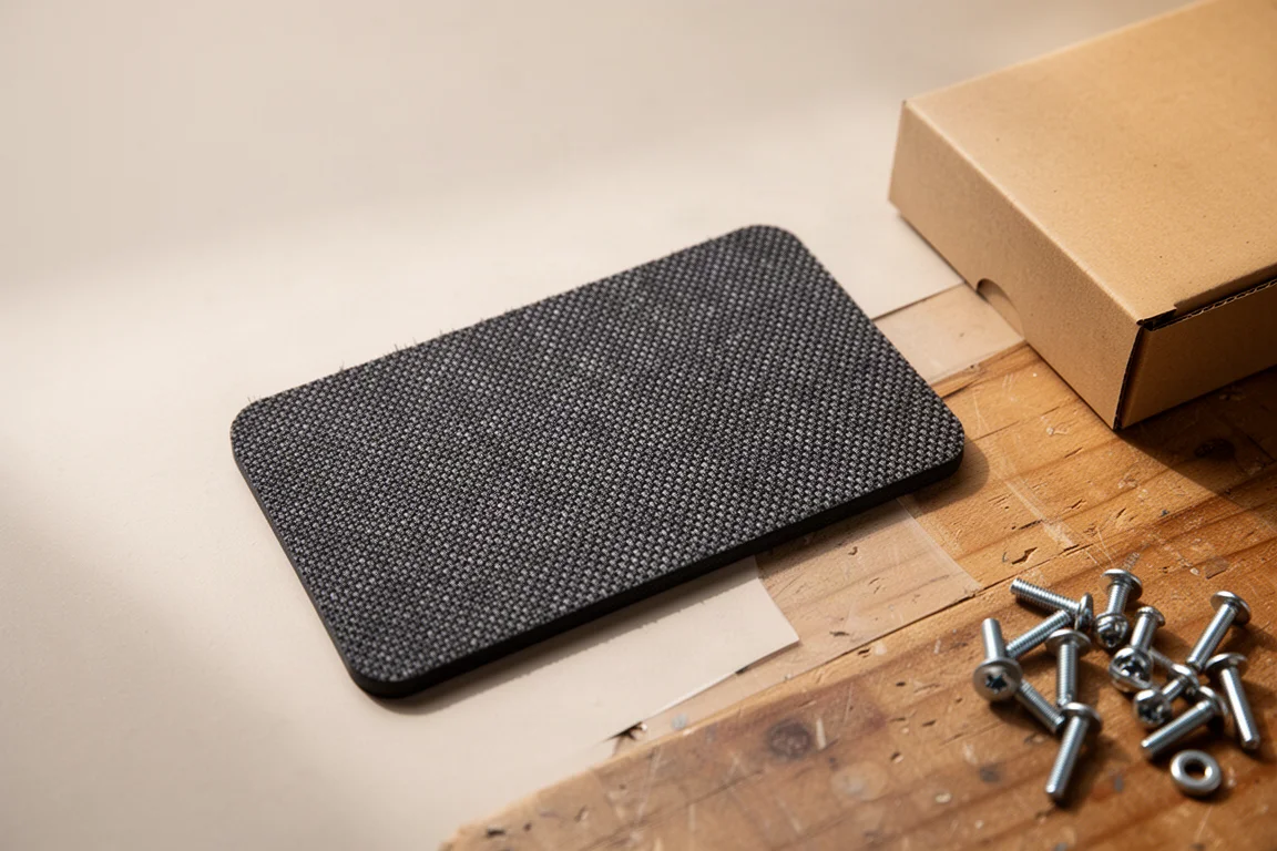 Winzige magnetische Matte auf einer Werkbank neben dem Karton-Verpackungsmaterial ausgepackt