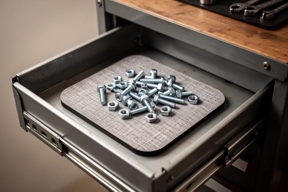 Magnetische Matte in einer geöffneten Werkzeuglade mit kleinen Metallteilen