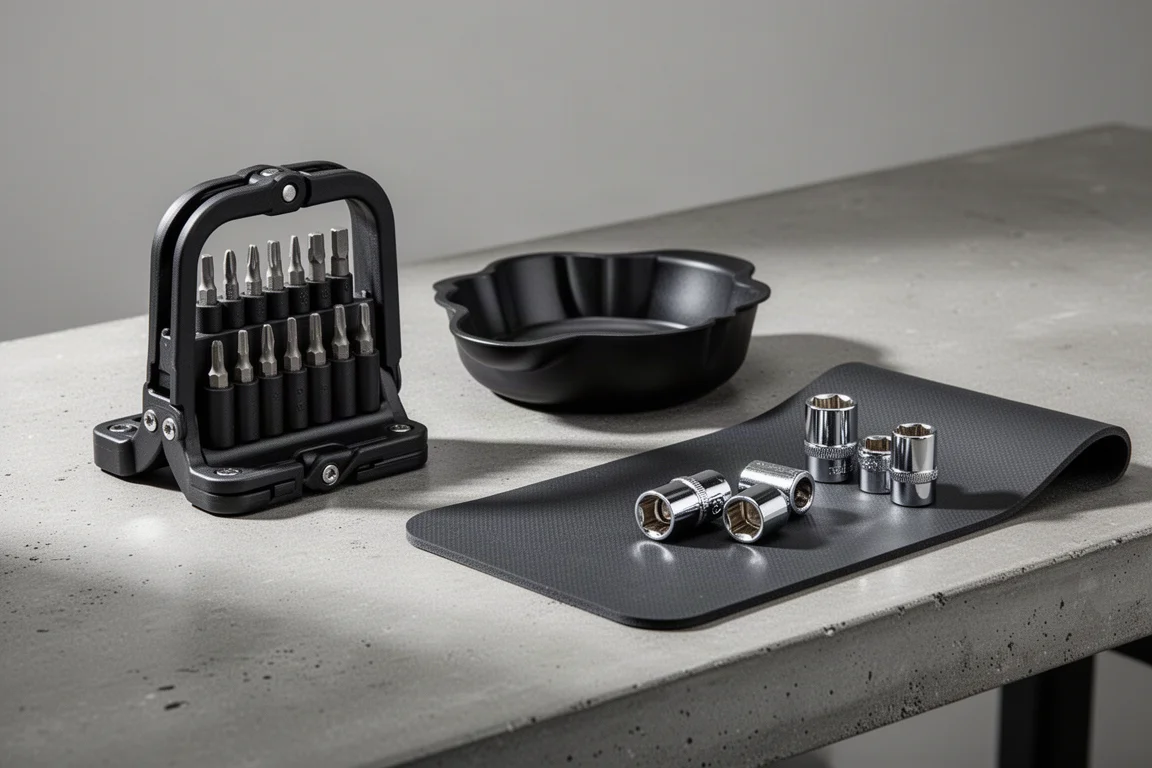 Tre accessori magnetici Snap-On per il contenimento degli attrezzi disposti su una banco di lavoro grigio