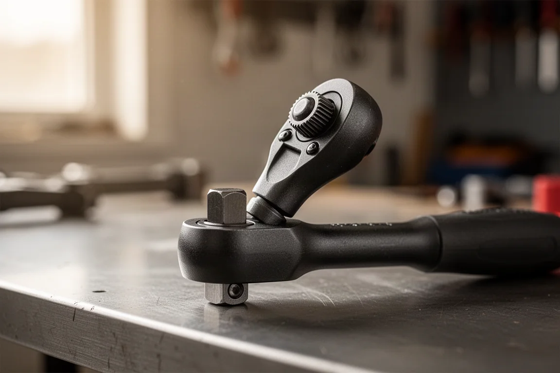 Compacte flex-head rattelkop die onder een hoek draait op een werkbank