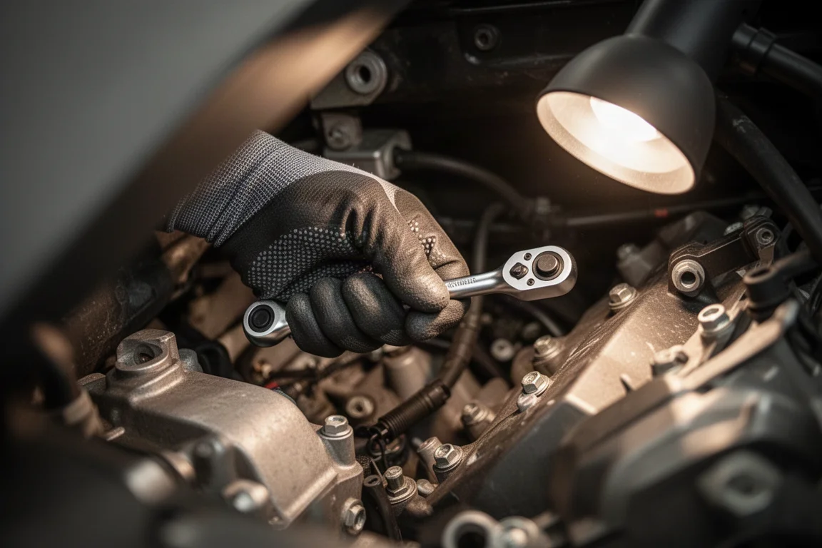 Hand die een kleine rattel vastpakt in een krappe motorruimte