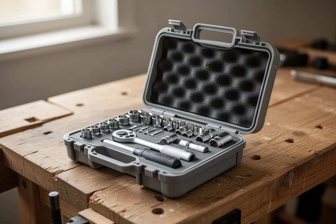 Kleine doppen-set overzichtelijk in een compacte opbergkoffer