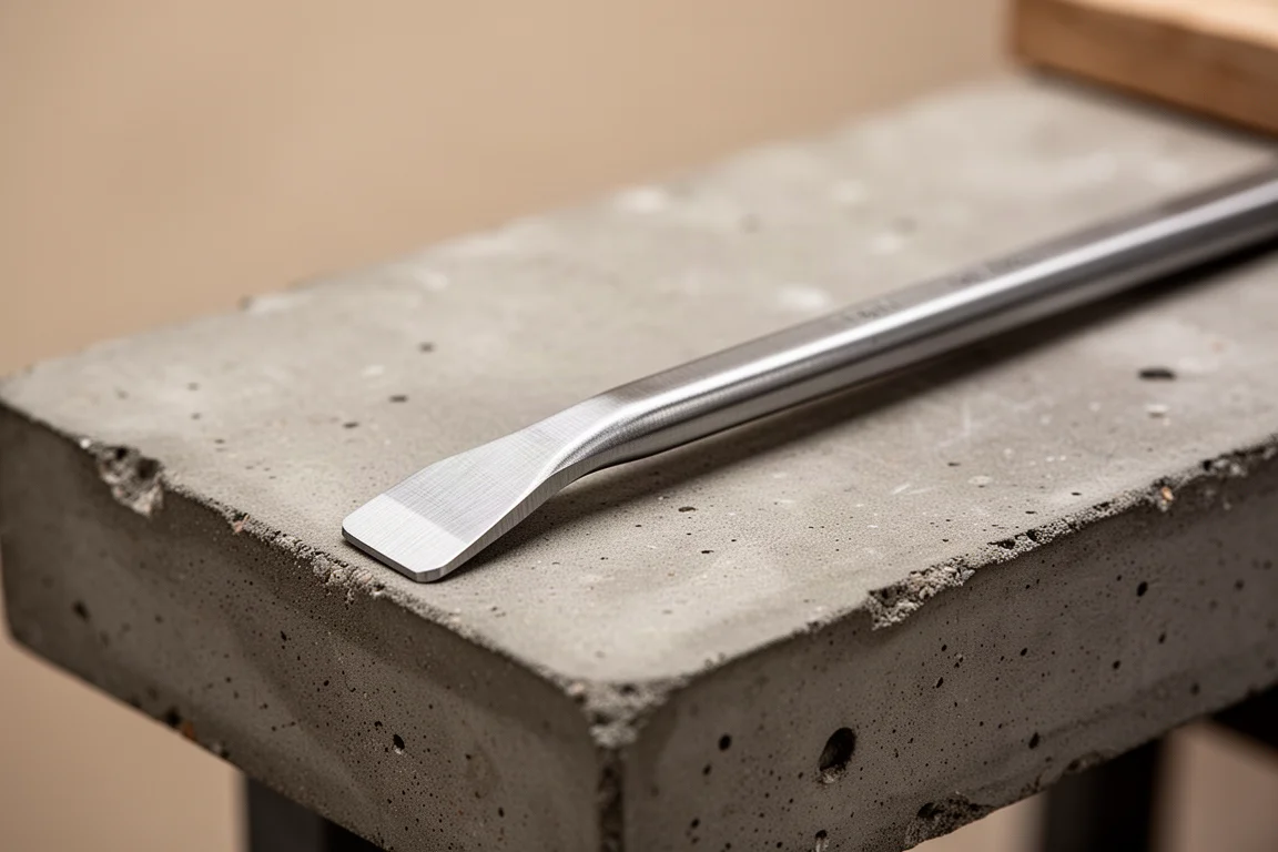 Close-up of a slender steel pry bar shaft with an angled tip on a workbench
