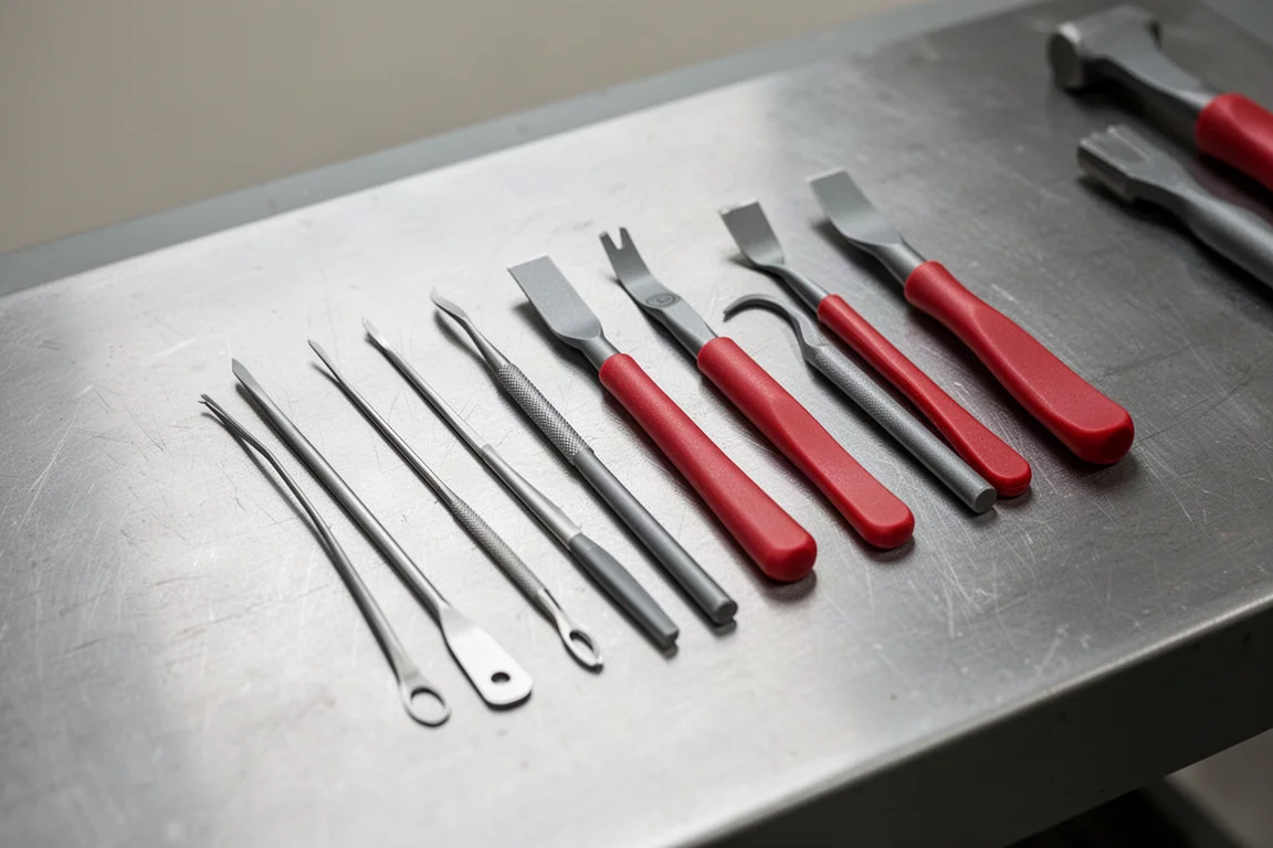 Small pry bars of varying shaft thicknesses lined up for comparison