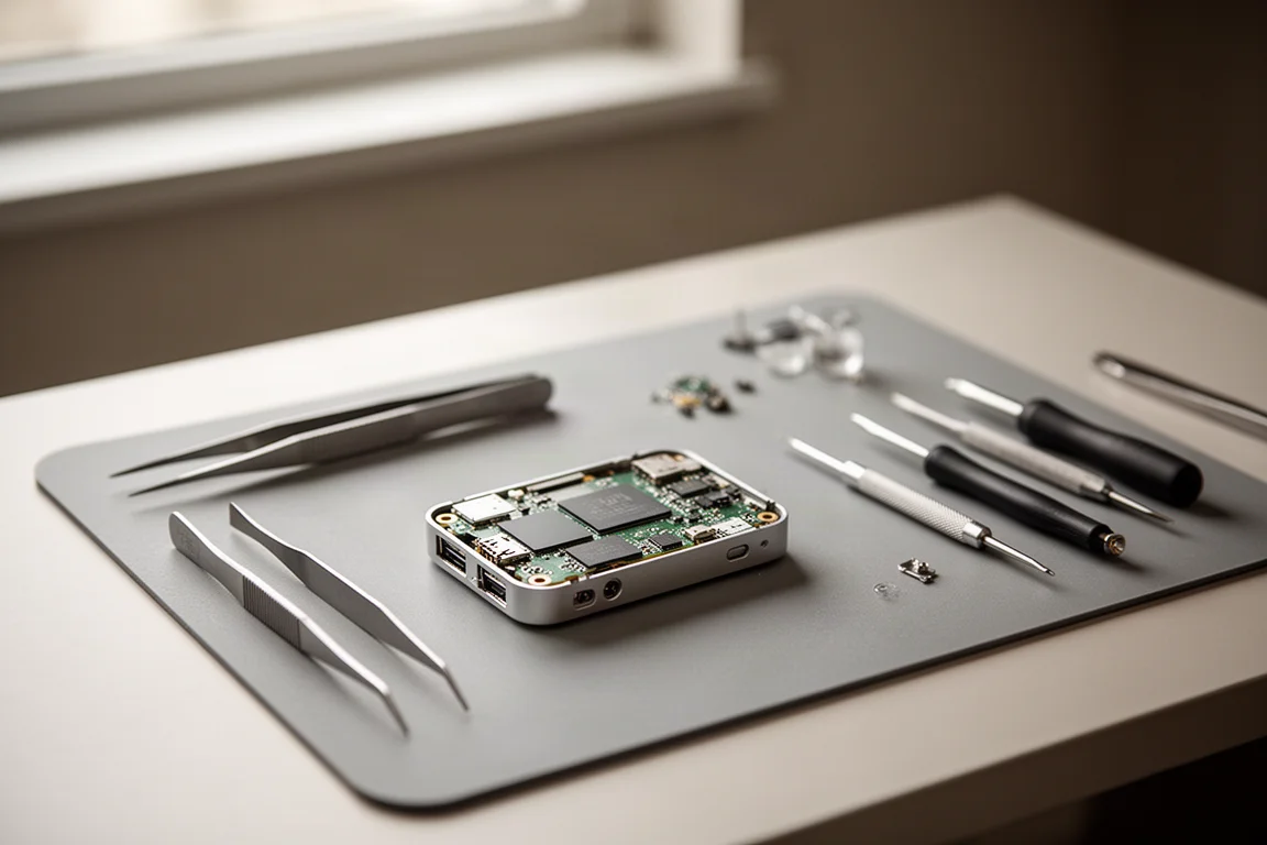 Precision electronics repair workspace with small tools laid out
