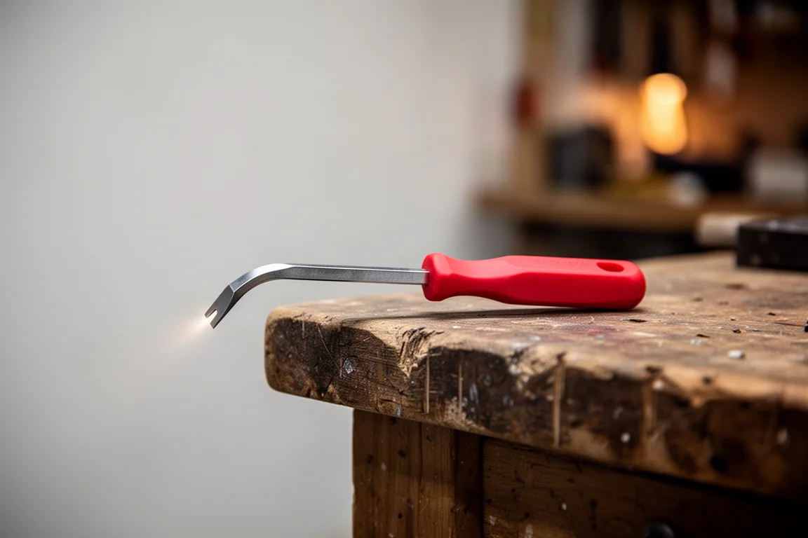 Red-handled mini pry bar balanced on a wooden workbench edge