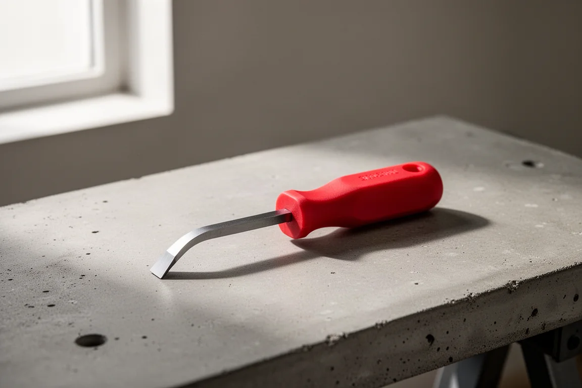 Snap-On mini pry bar with red handle and angled metal tip on a concrete workbench