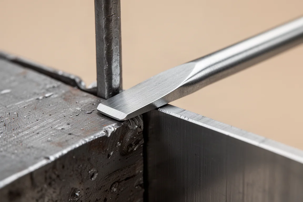 Close-up van een dunne, platte wrikbek die vlak geslepen is tegen een metalen rand