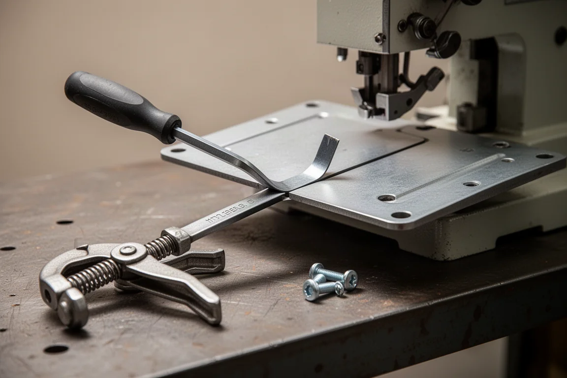 Werk van metaal aan machines, handen buiten beeld, focus op het vastgeklemd gereedschap