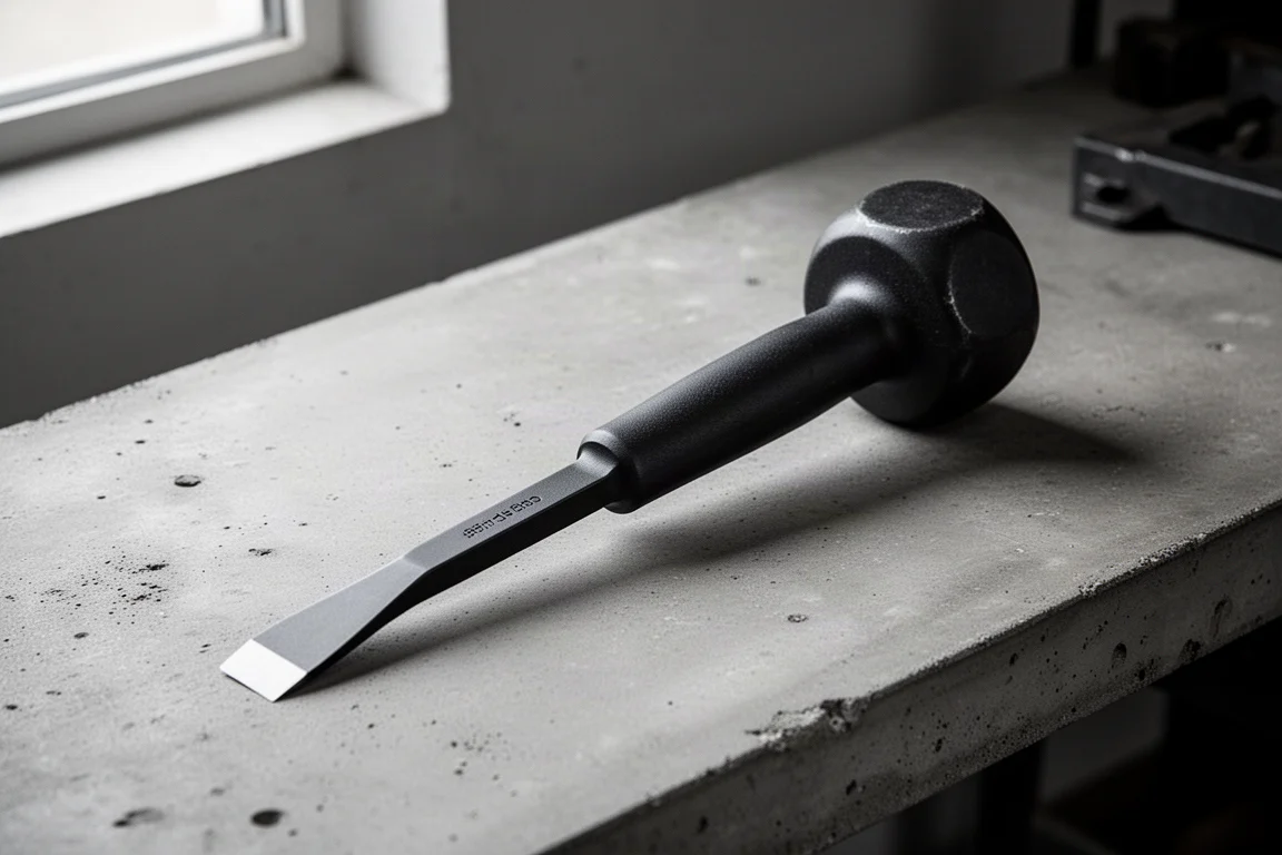 Screwdriver-sized pry bar with striking cap on a concrete workbench