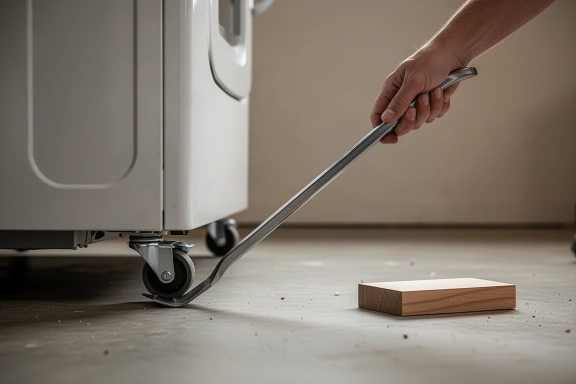 Levier glissé sous la base d'un appareil électroménager pour le mettre de niveau