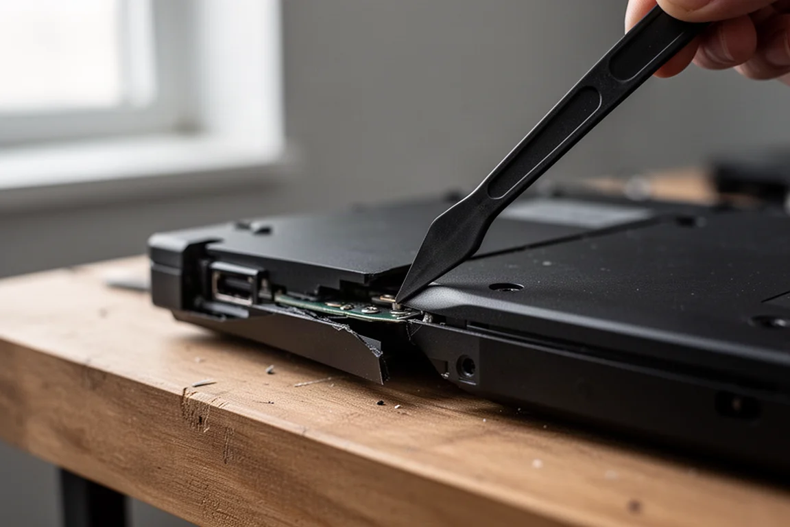 Flexible plastic pick being used to gently lift the edge of an electronics casing