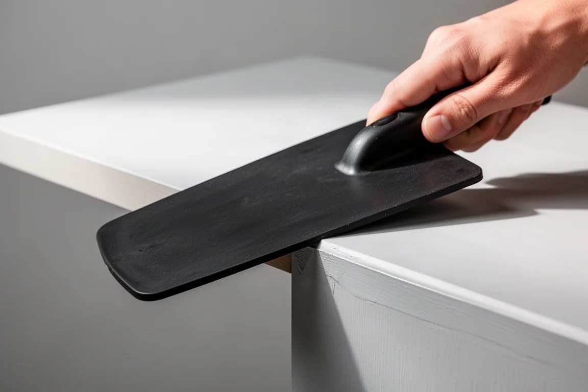 Flat plastic smoothing tool worked sideways under a soft surface to avoid damage