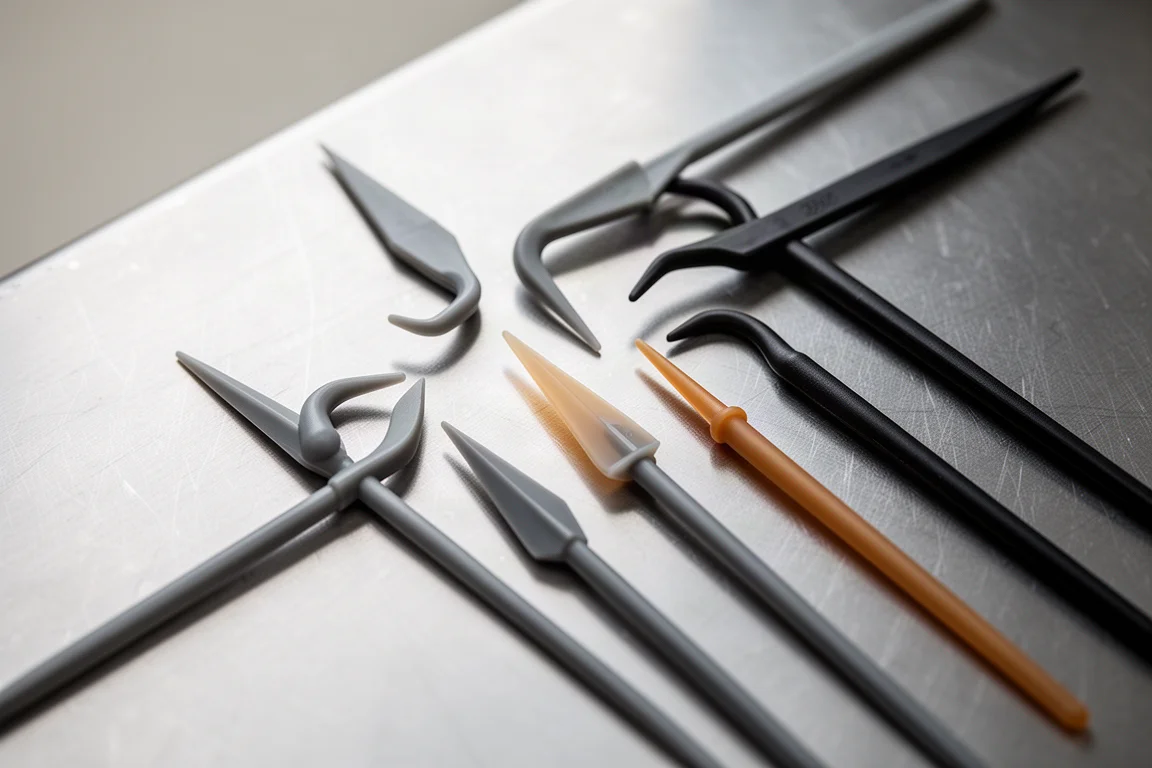 Hooked and pointed plastic picks laid out on a workbench under soft light