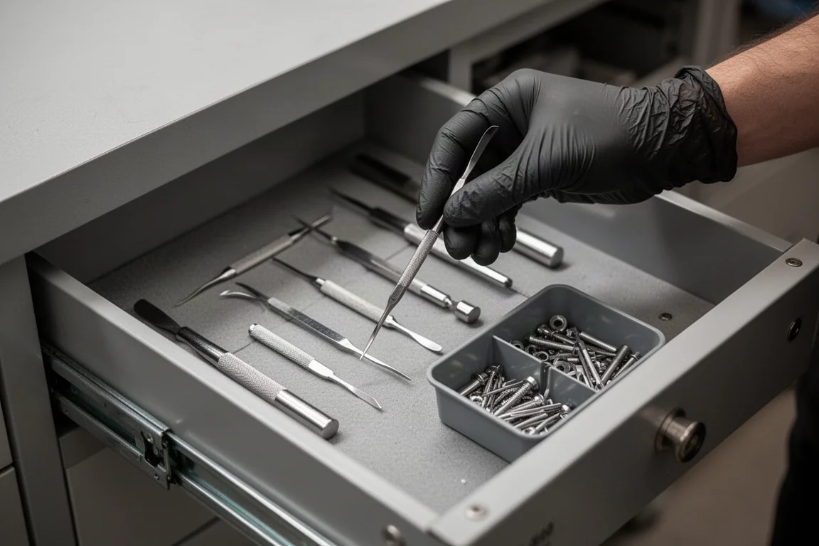 Technician organizing small precision picks in a workshop drawer at the end of a task