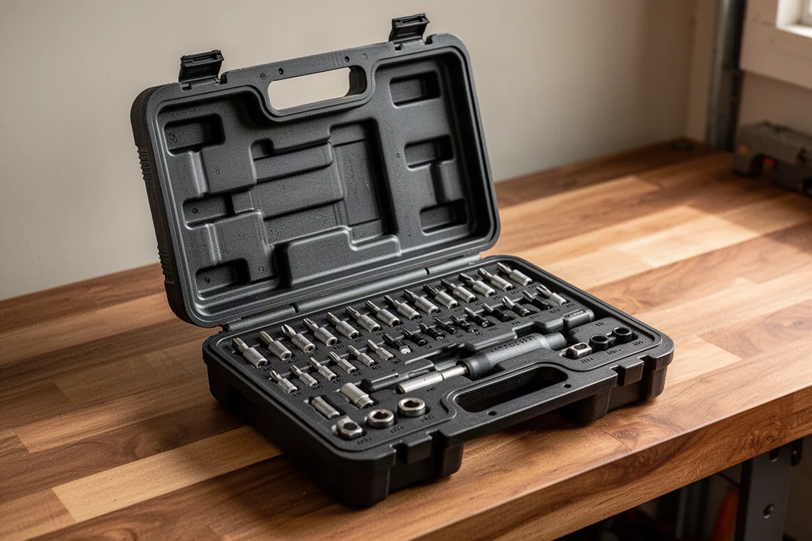Open blow-molded tool case on a workbench with rows of bits in molded slots