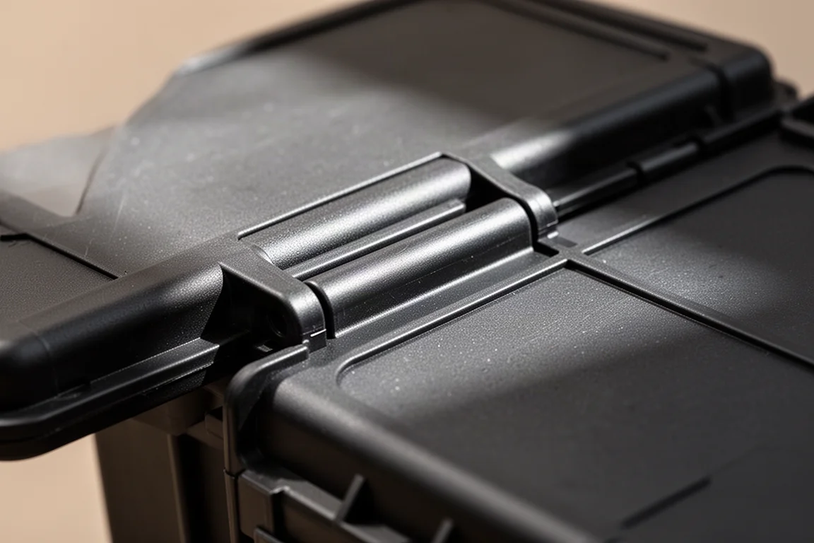 Close-up of a metal piano hinge on a black plastic tool case lid
