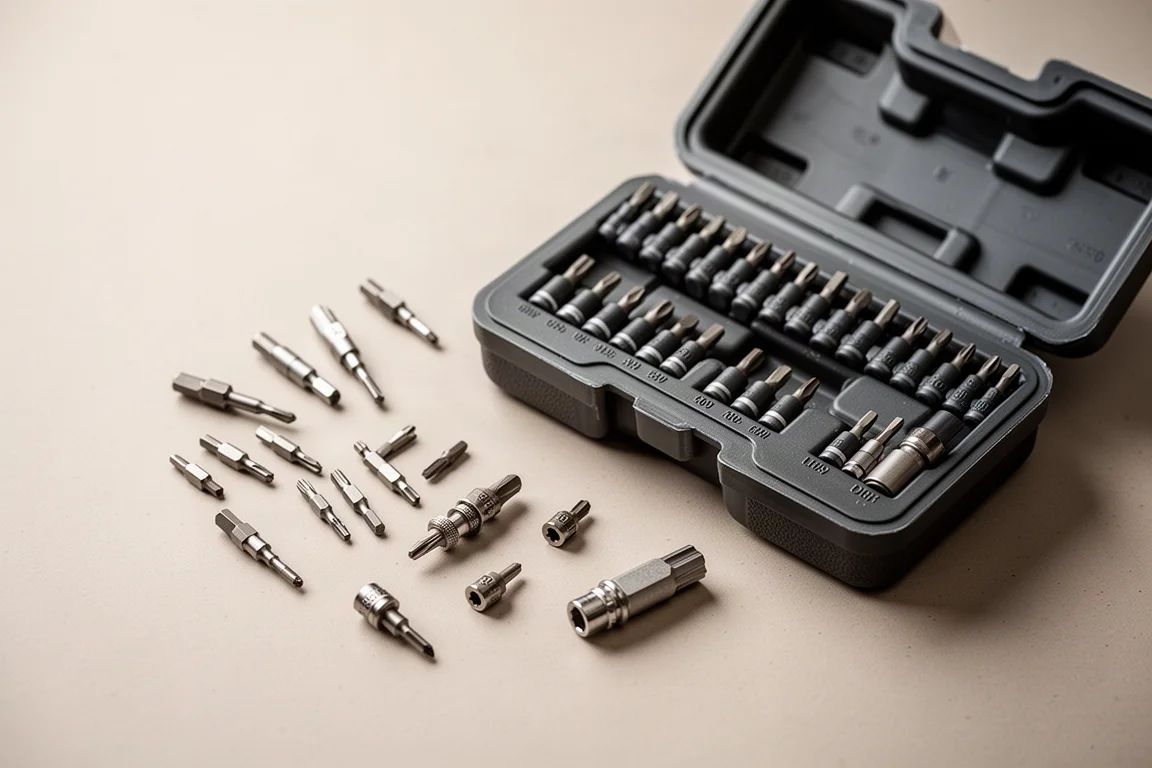 Workbench with small screwdriver bits and adapters being sorted into compartments