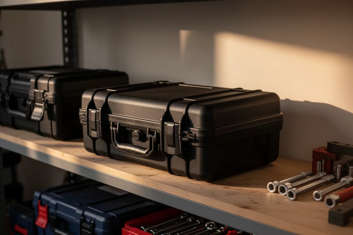 Closed tool case secured on a workshop shelf under soft evening light