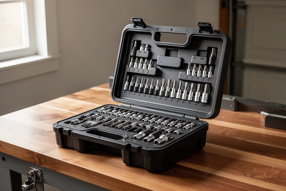 Open black blow-molded tool case with hinged lid and molded bit slots on a workbench