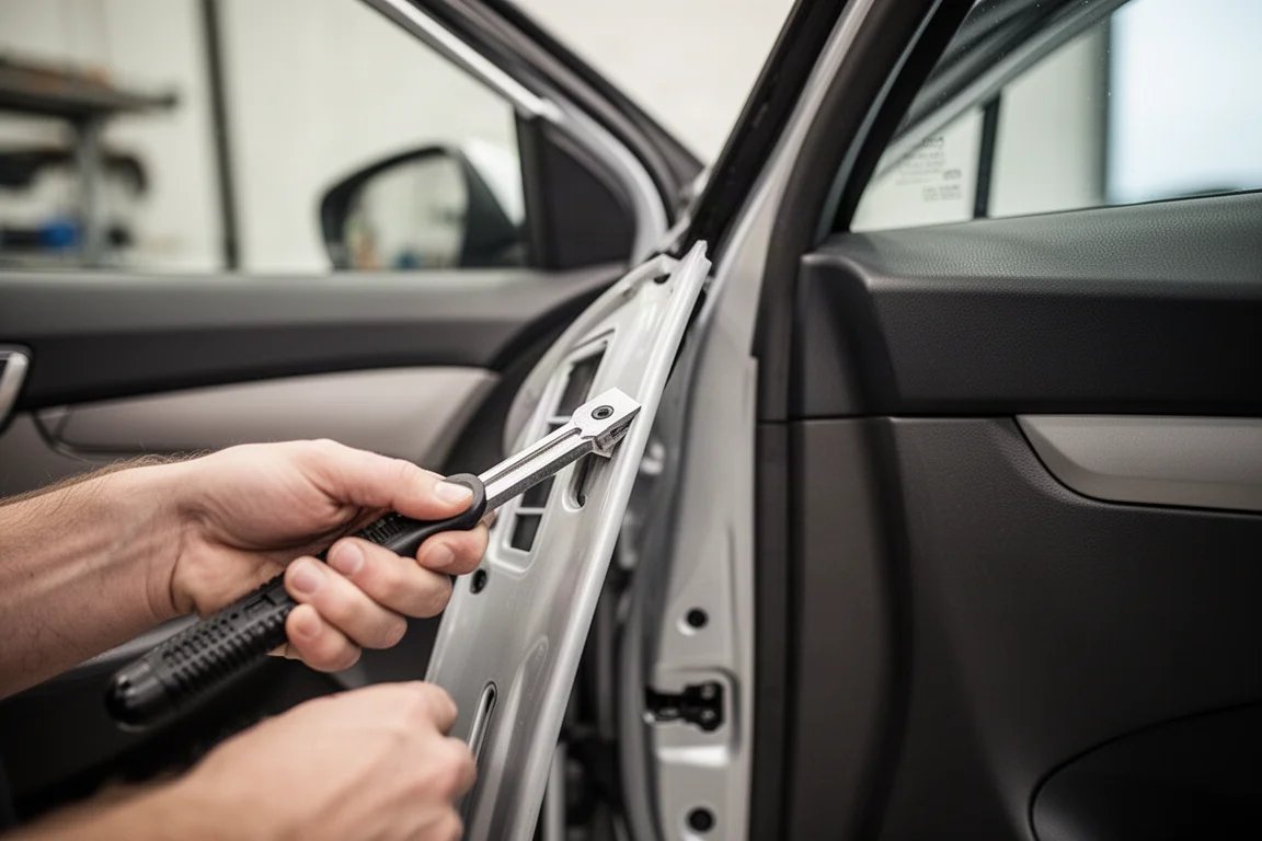 Panel de revestimiento siendo retirado del interior de un coche con una herramienta de panel