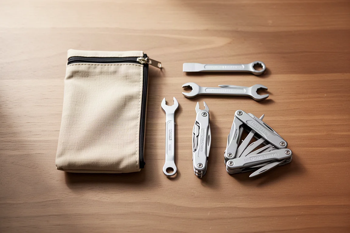 Pequeño kit de herramientas de viaje dispuesto sobre una superficie de madera