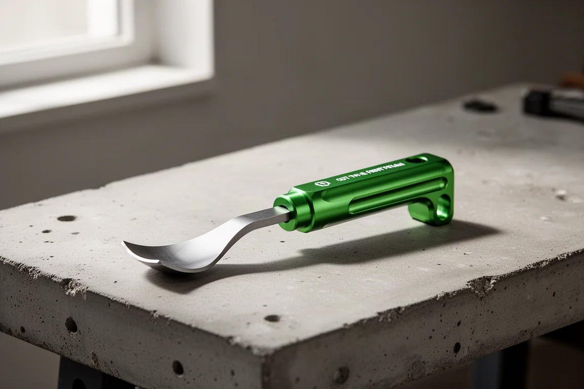 Green anodized out-the-front pry bar with extended steel tip on a concrete workbench