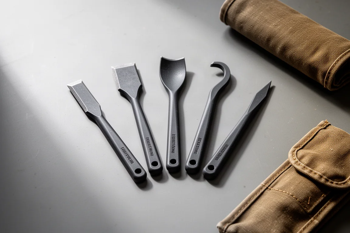 Fächerförmig ausgelegtes Set aus non-marring Kunststoff-Pick-Werkzeugen auf einer Werkbank