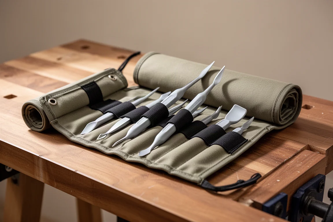 Werkzeuge, die in die mitgelieferte Stofftasche zurückgerollt werden