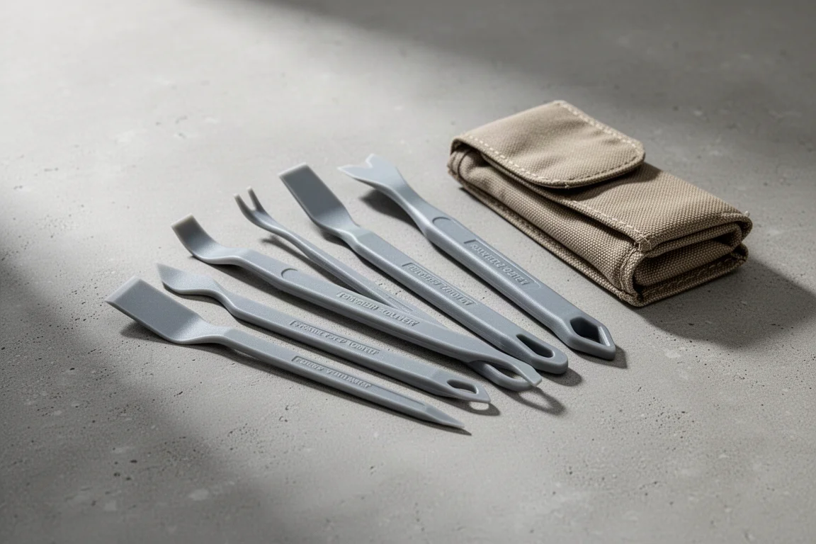 Set di cinque attrezzi con punte in plastica non aggressiva disposti a ventaglio con custodia in tessuto su superficie grigia