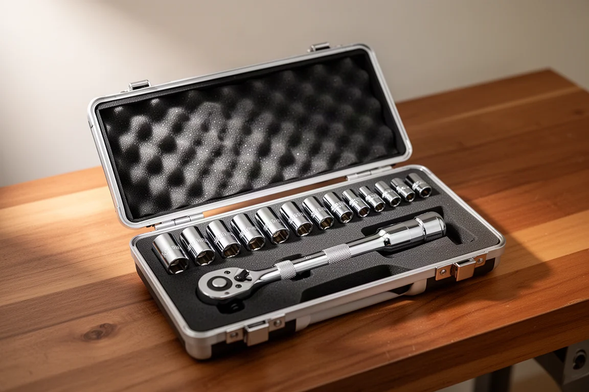 Open tool case with twelve chrome low-profile sockets arranged in a foam insert