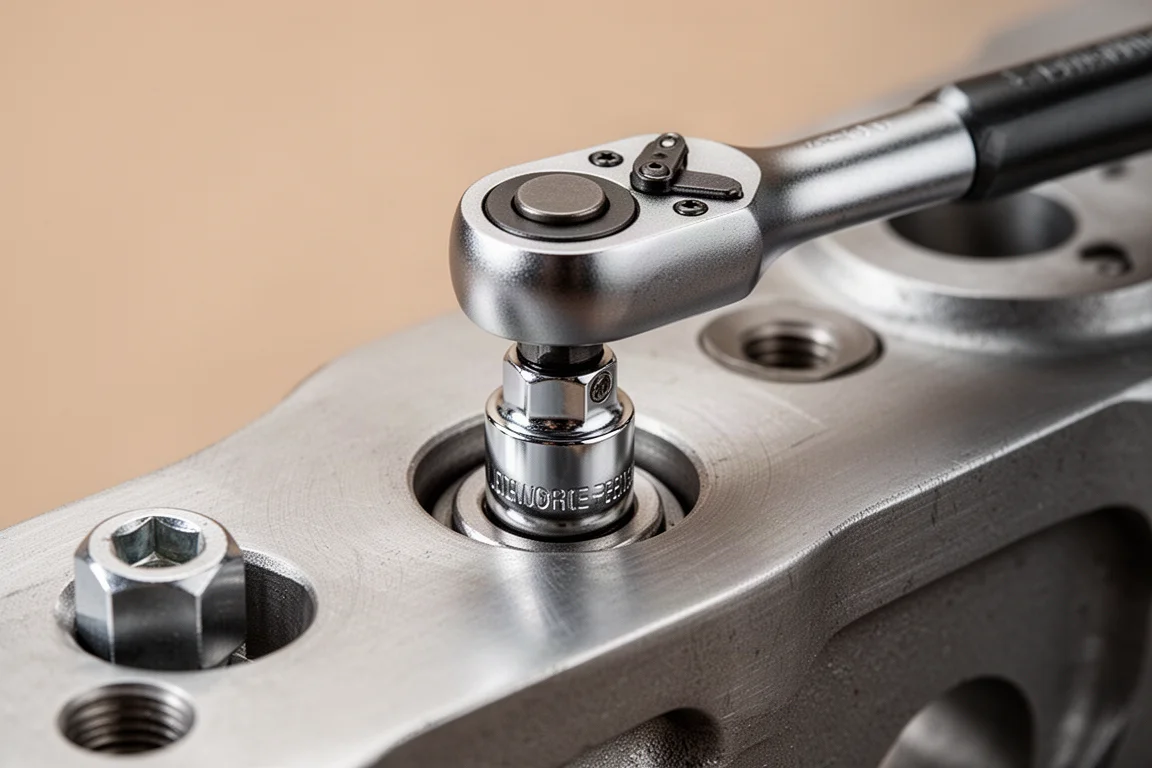 Low-profile ratchet head engaged with a socket on a bolt in a tight space