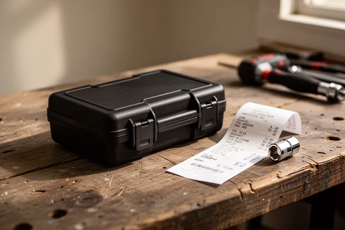 Tool case resting on a workbench next to a paper receipt in a shop setting