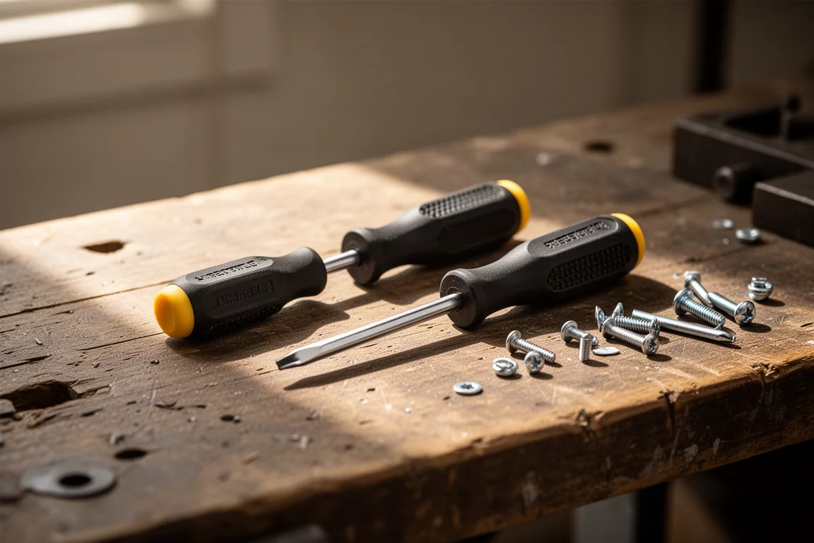 Two stubby screwdrivers resting on a cluttered workbench in warm workshop light
