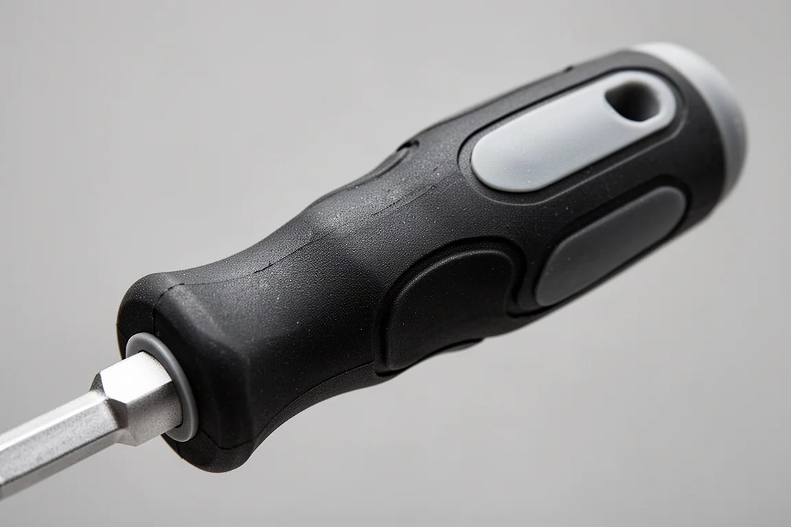 Close-up of a rubberized soft grip screwdriver handle showing molded finger contours