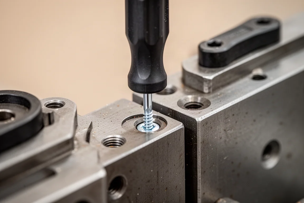 Short stubby screwdriver driving a screw into a tight recess between machine components