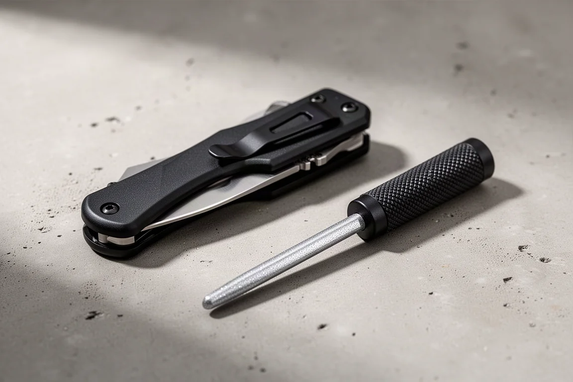 Affilatore ripiegabile Snap-On SCS2 e pietra da affilatura Benchmade su una superficie in cemento