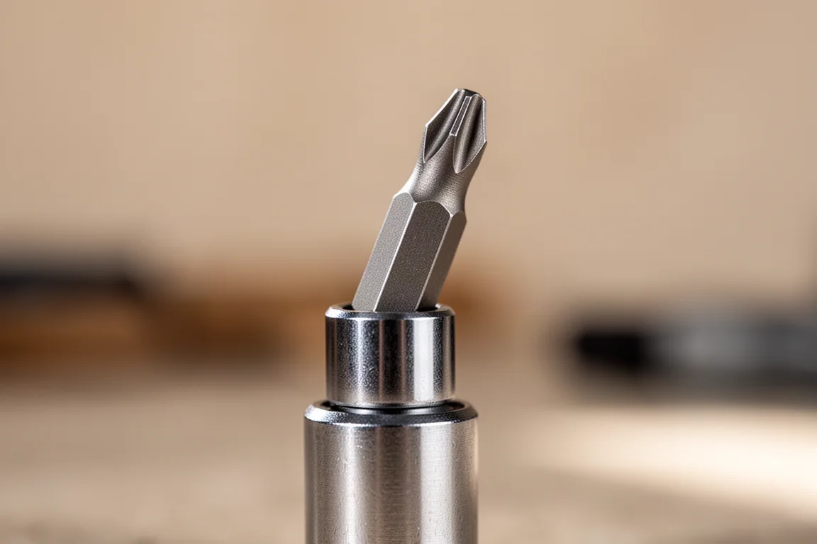Schraubendreher-Bit, das in einem Magnetbithalter aus der Achse schwenkt