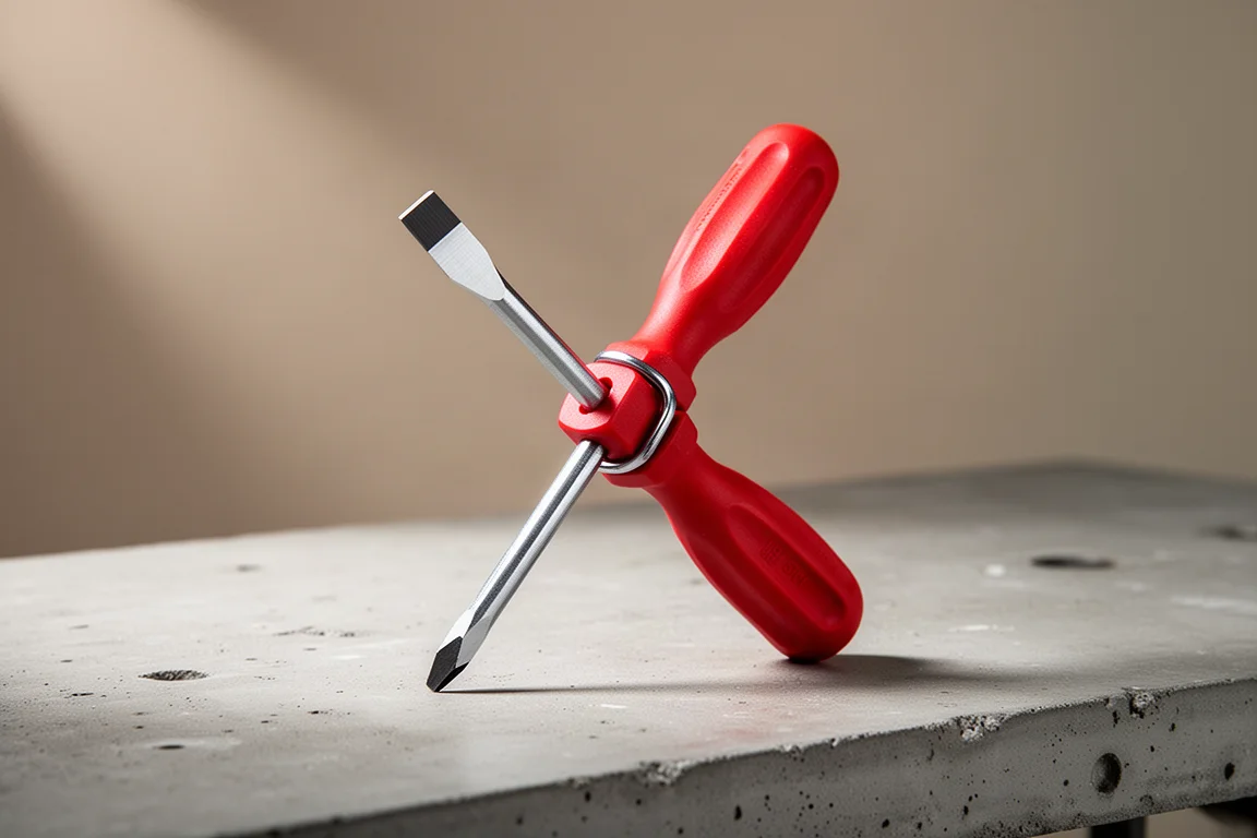Heavy-duty short flat-blade screwdriver with red handle on a workbench