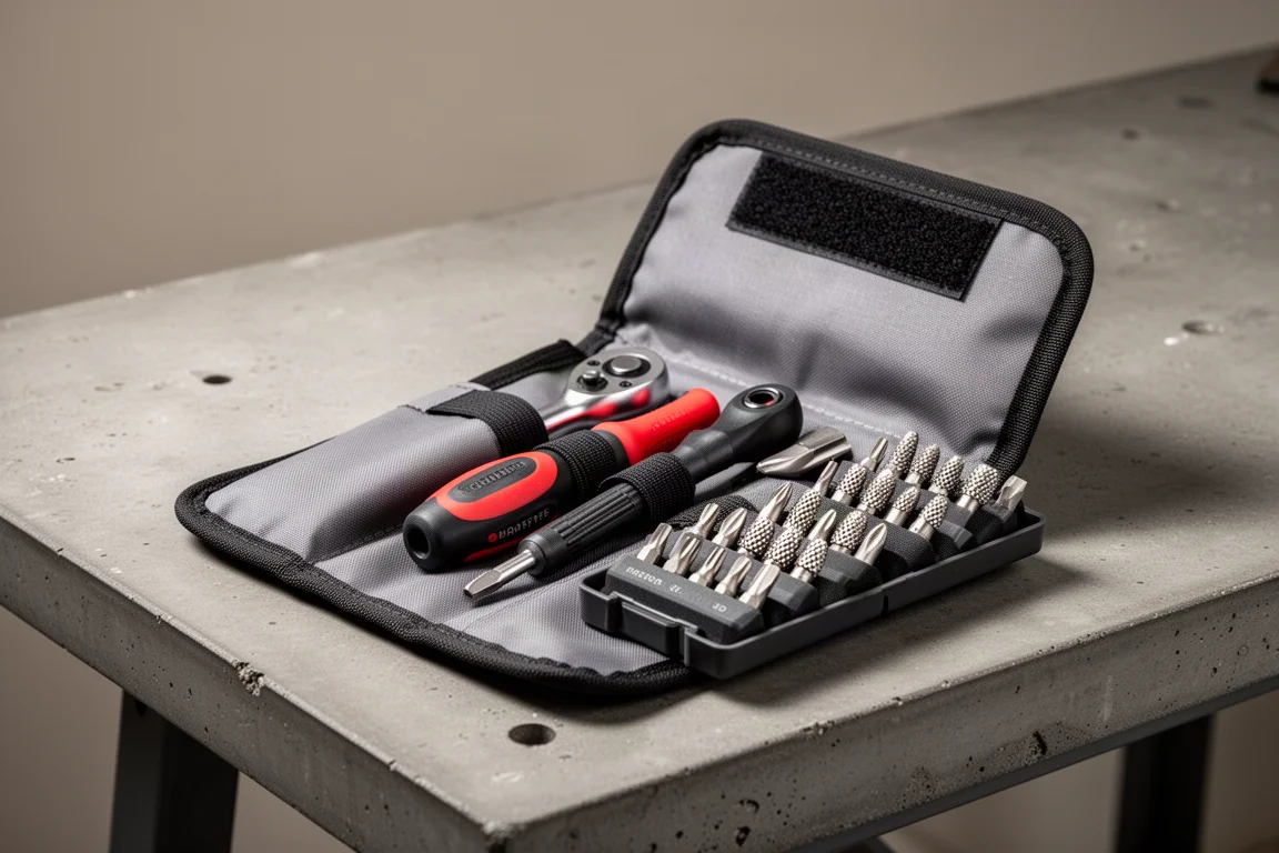 Set di cacciaviti Snap-on SGDQ16KT in una custodia in nylon aperta su un banco di lavoro