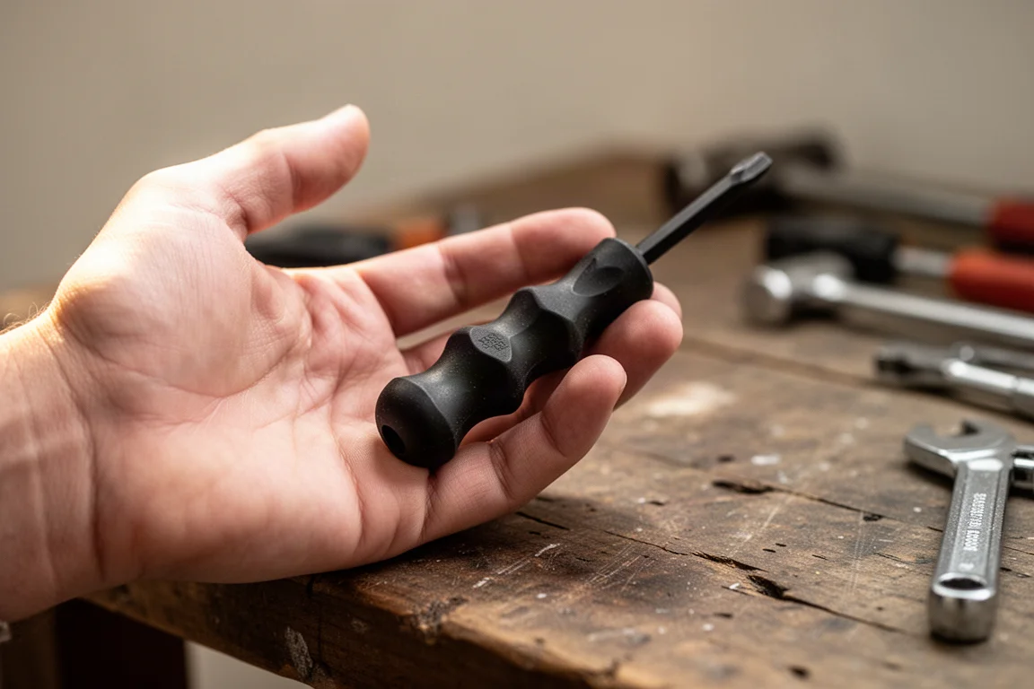 Close-up of a trilobe screwdriver handle resting in an open palm on a workbench