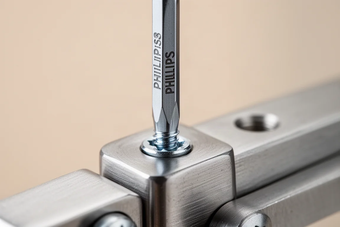 A short Phillips screwdriver tip seated in a screw head on metal hardware