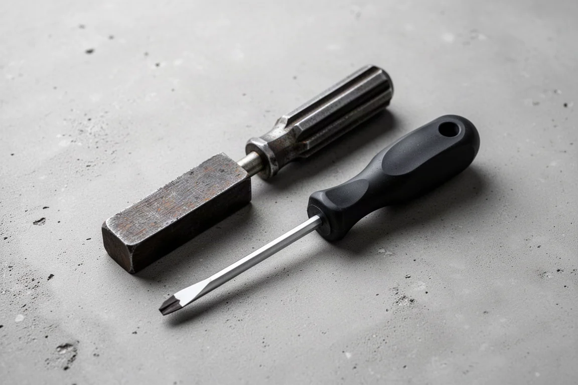 An older square-handle screwdriver lying beside a new rounded-handle stubby screwdriver
