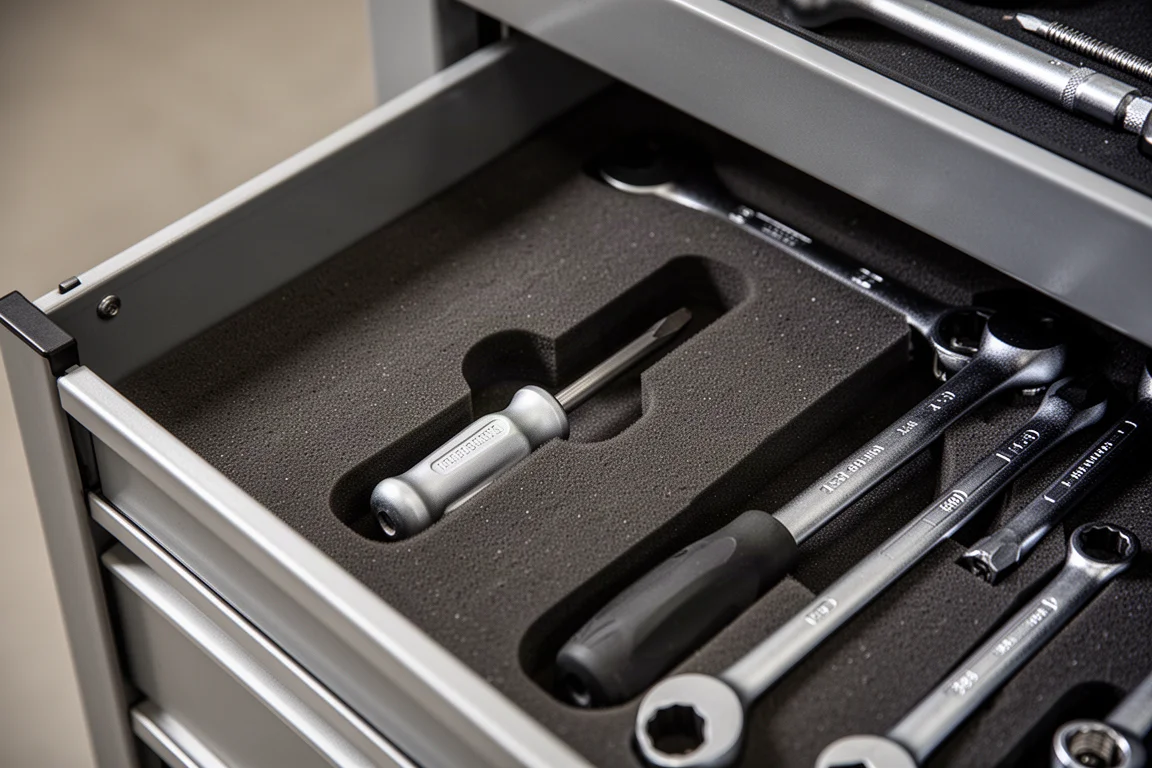A well-organized tool drawer with hand tools arranged on dark foam lining