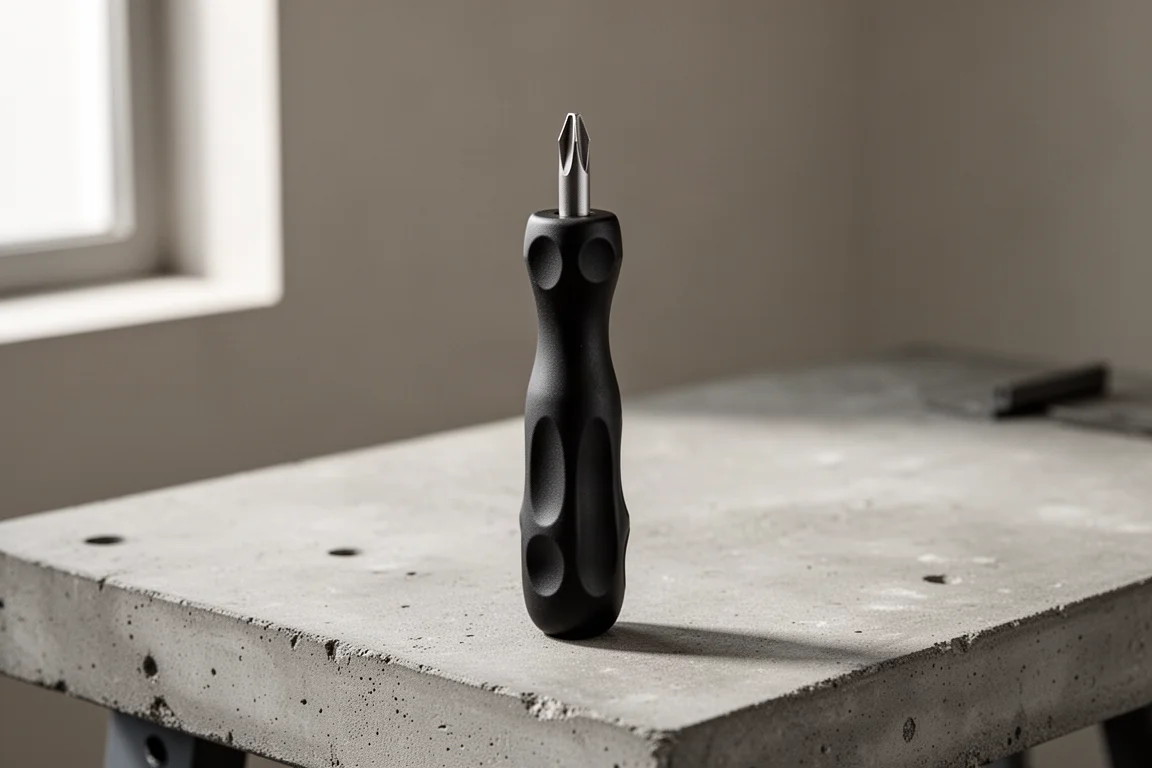 Snap-on stubby screwdriver with black trilobe handle standing on concrete workbench