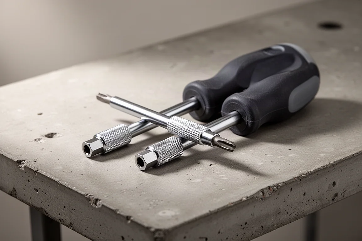 Two short Snap-on style ratcheting screwdriver shanks beside a soft grip handle on concrete