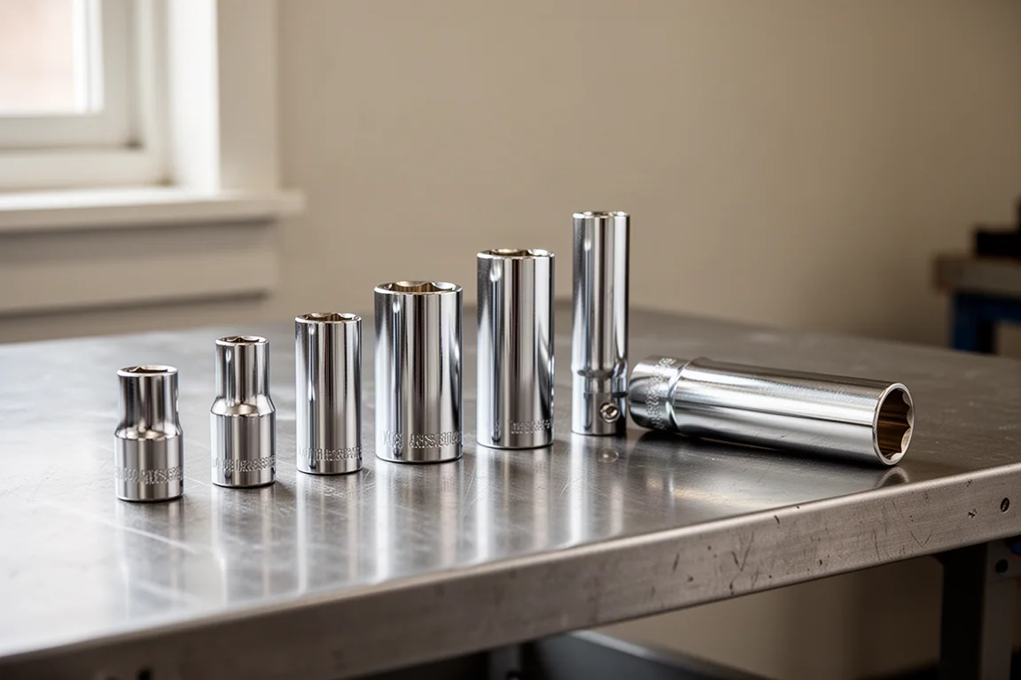Extra-lange 10mm-Stecknuss neben Standard-Tief-Stecknussen verschiedener Antriebsgrößen aufgereiht