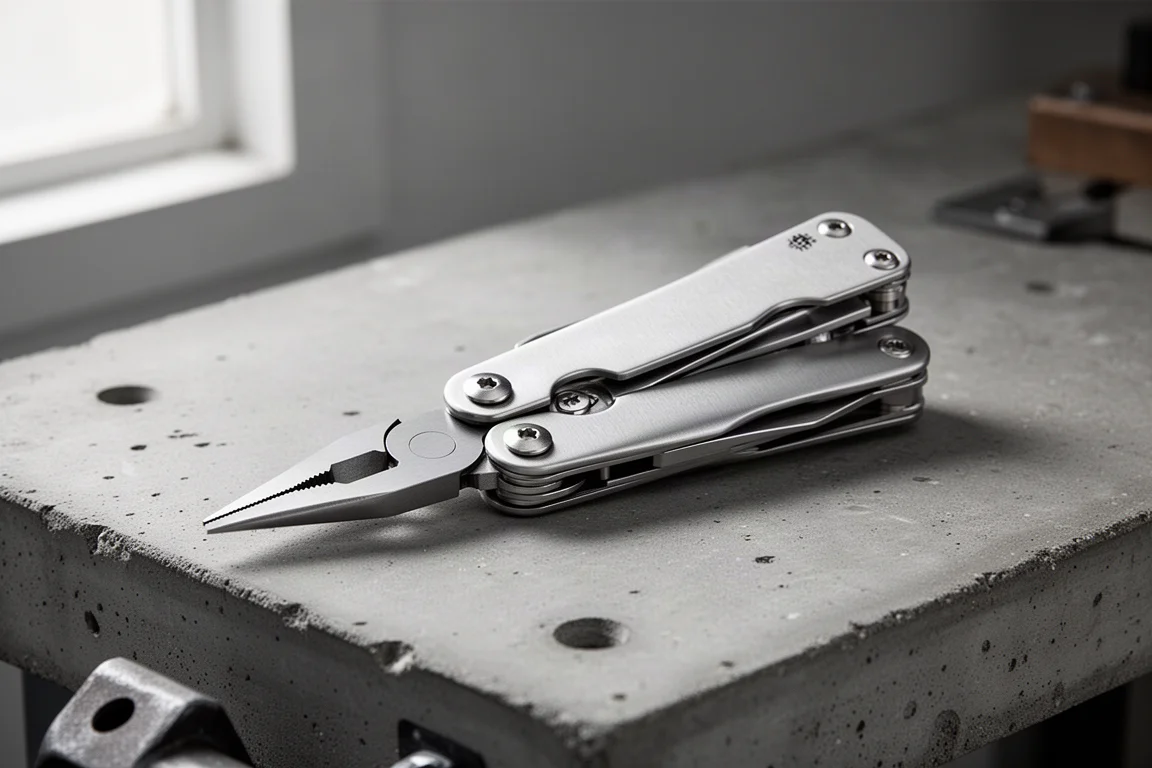 Stainless steel folding multitool half-folded on a concrete workbench