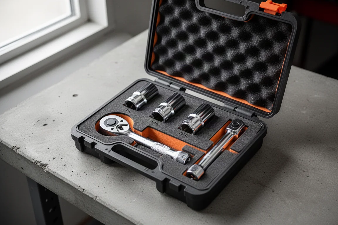Coffret Snap-on pour bougies d'allumage, doublé de mousse, ouvert sur un établi